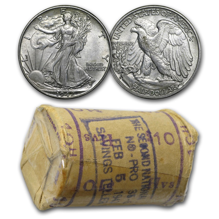 1942D Walking Liberty Half Dollar 20Coin Roll BU (Bank Roll) Walking Liberty Half Dollars